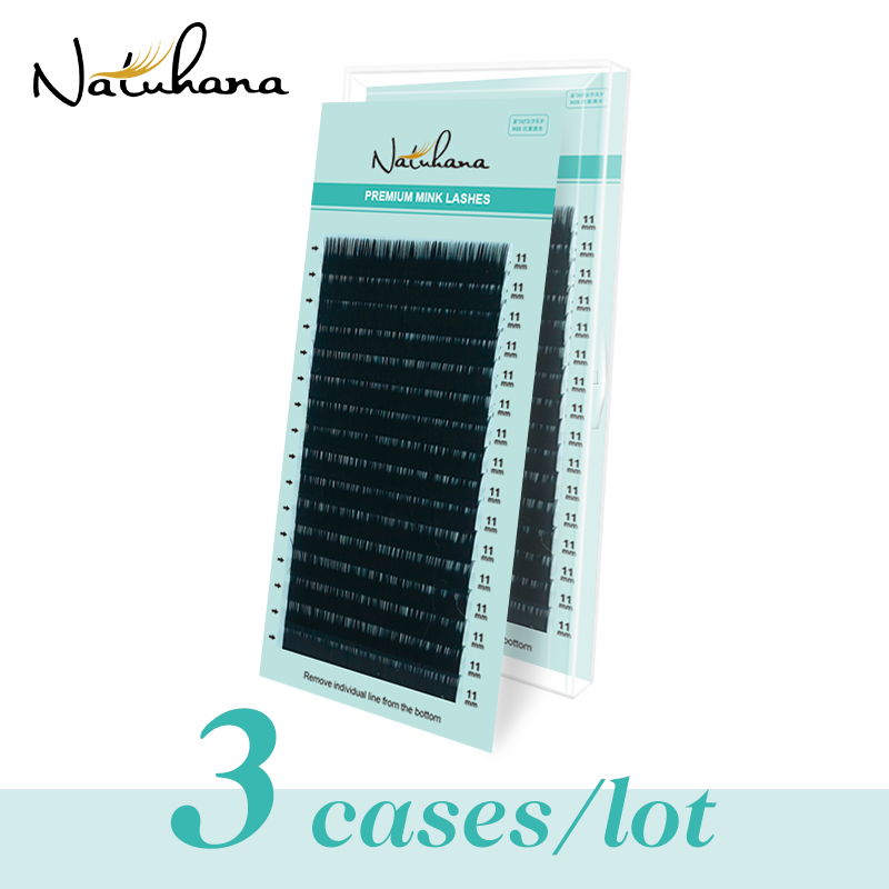 Eyelash Extension Korea Natural - NATUHANA 3케이스/로트 밍크 속눈썹 연장16줄 내추럴